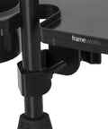 Close-up of microphone stand accessory tray with drink holder, guitar pick tab, 12 by 7 inches, attached to stand up to 1.38 inches diameter.
