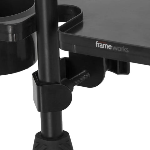 Close-up of microphone stand accessory tray with drink holder, guitar pick tab, 12 by 7 inches, attached to stand up to 1.38 inches diameter.