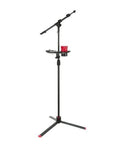 Microphone Stand Accessory Tray With Drink Holder And Guitar Pick Tab For Easy Access During Performances, 12 By 7 Inches, Fits Stands Up To 1.38 Inches Diameter, attached to mic stand with red cup and picks.