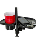 Microphone Stand Accessory Tray With Drink Holder And Guitar Pick Tab For Easy Access During Performances, 12 by 7 inches, installed