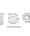 Diagram of 25 Pack Micro Cartridge Fuses Kit 15A 20A 25A 30A 40A MCASE Type For Cars SUVs And Trucks with dimensions in mm.