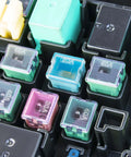 Close-up of a Low Profile Automotive Fuse Kit For Cars Trucks And Suvs 10 Pack Box Shaped Micro Cartridge Fuses, various colors