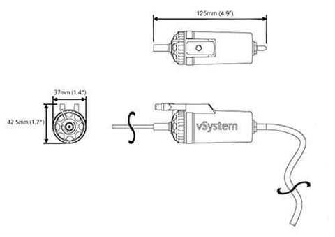 Technical diagram of Micro System Automatic Motorcycle Chain Lubrication Kit dimensions with Scorpion Dual Injector Twin Feed shown