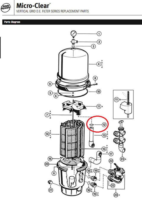 Diagram of Micro-Clear vertical grid DE filter with labeled parts including O Ring Two Pack With Lubricant For Hayward Outlet Elbow