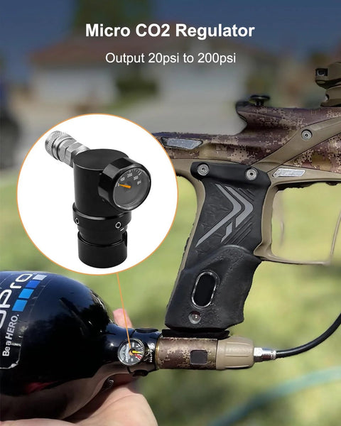 Side view of Adjustable Paintball CO2 Regulator For HPA LP SLP Tanks GEN2 installed on paintball gun, 20 to 200 PSI output