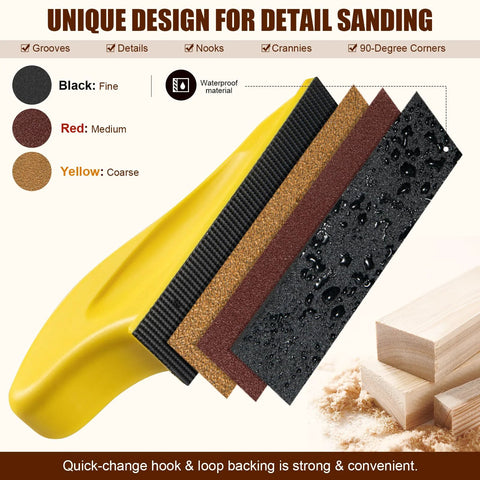 90Pc Micro Detail Sander Kit 3In1 Mini Block With 60–400 Grit Sandpaper for Wood, yellow block with assorted sandpapers