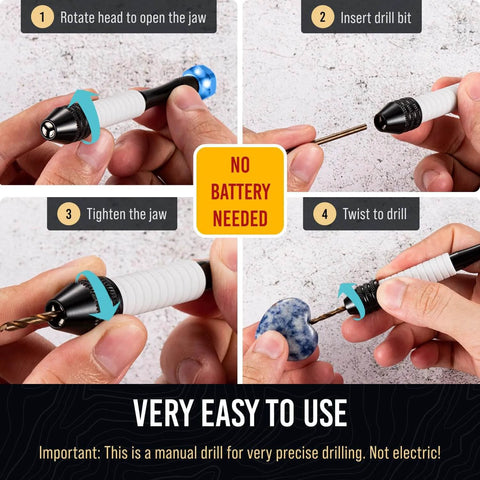 Step-by-step guide using Micro Drill Bits Set With Pin Vise for PCB projects and jewelry making, shows precise manual drilling process.
