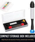 Micro Drill Bits Set With Pin Vise showing storage box and multi-colored drill bits, ideal for PCB projects and jewelry making.