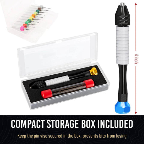 Micro Drill Bits Set With Pin Vise showing storage box and multi-colored drill bits, ideal for PCB projects and jewelry making.