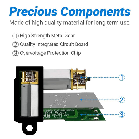 Internal components of 12V Micro Linear Actuator With 1.2 Inch Stroke 64N 14.4Lb Lift, featuring metal gear, circuit board, and protection chip