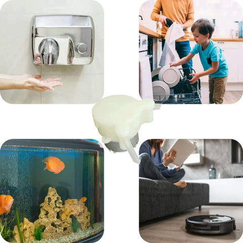 Collage showing DC 5V micro peristaltic pump small flow metering self-priming pump for pumping oil machine, pumping hand sanitizer in varied uses