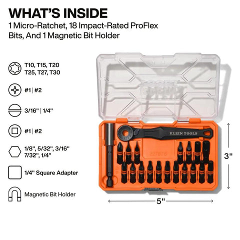 Slim Micro-Ratchet ProFlex Impact Driver Bit Set for Tight Spots, 20-Piece S2 Steel With Magnetic Bit Holder in open case