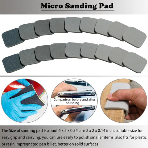 54 Pack Soft Touch Sanding Pads 2x2 Mesh Grit Pads 320 To 3500 for plastic finishing, showcasing pad arrangement and usage examples.