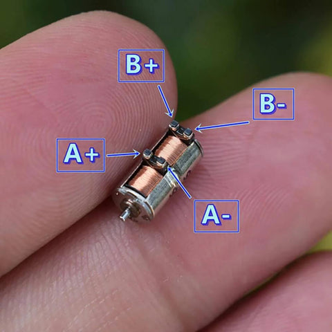 10Pcs DC 5V 2-Phase 4-Wire Micro Mini Ultra-Tiny 4 mm Precision Stepper Motor DIY on a fingertip with labeled wires.