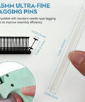 4.5mm ultra-fine tagging pins compatible with needle-type tagging guns, showing dimensions and fasteners held by hand