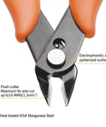 Close-up of Micro Wire Cutter Pliers Precision Flush Cutter with orange handles and black Parkerized finish for jewelry making.