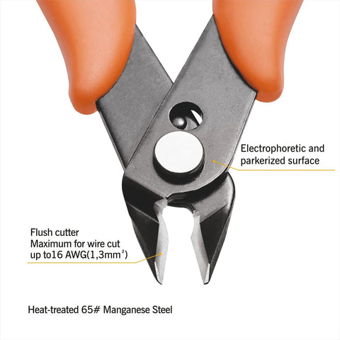 Close-up of Micro Wire Cutter Pliers Precision Flush Cutter with orange handles and black Parkerized finish for jewelry making.