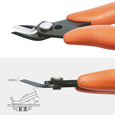 Micro Wire Cutter Pliers Precision Flush Cutter For Jewelry Making with 25° angled head and orange handles, side view.