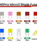 All In One Micro2 Car Fuse Kit With 45 Pcs Blade Fuses For Cars SUVs RVs Trucks Boats And Marine Use Including 2A 3A 5A 7.5A 10A 15A 20A 25A And 30A Fuses Five Each Plus Handy Fuse Puller