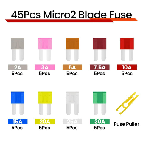 All In One Micro2 Car Fuse Kit With 45 Pcs Blade Fuses For Cars SUVs RVs Trucks Boats And Marine Use Including 2A 3A 5A 7.5A 10A 15A 20A 25A And 30A Fuses Five Each Plus Handy Fuse Puller