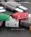 Close-up of fuses from All In One Micro2 Car Fuse Kit With 45 Pcs Blade Fuses For Cars SUVs RVs Trucks Boats And Marine Use