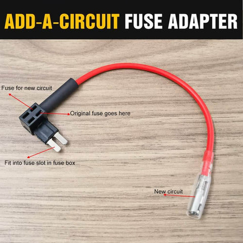 Add-A-Circuit Micro2 Fuse Tap Kit With 4 Fuse Tap Holders And 6 Micro2 Fuses 5A 10A 15A Plus Fuse Puller And Wire Harness For 12V To 24V Automotive Electrical System Easy Piggyback Power Tapping, red wire with fuse holder on wooden surface.
