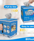Box of Microfiber Cleaning Cloths 100 Sheets 11x9 Grey Lint Free For Garage Auto Care, with a hand pulling a cloth out.