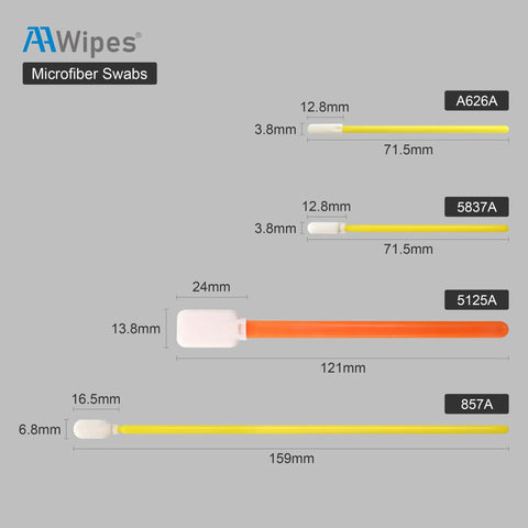 Diagram showing 10 In 1 Cleaning Swab Kit For Printer And Optics, four microfiber and foam swabs with measurements.