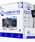 Box of Individually Wrapped Microfiber Lens Wipes For Glasses Sunglasses And Cameras with clip-on microfiber cloth visible