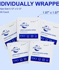 Image of individually wrapped microfiber lens wipes for glasses, sunglasses, and cameras with packaging showing dimensions and count.