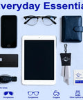 Individually Wrapped Microfiber Lens Wipes For Glasses Sunglasses And Cameras shown with everyday items like smartphone and eyeglasses.