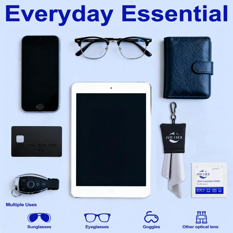 Individually Wrapped Microfiber Lens Wipes For Glasses Sunglasses And Cameras shown with everyday items like smartphone and eyeglasses.