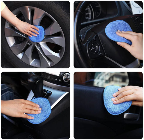 Microfiber Wax Applicator Pads For Car Detailing 5 Inch Foam Buffing Pads With Built In Sponge High Absorbency And Elastic Sponge Layer Ideal For Applying Waxes Polishes Protectants And Dressings 6 Pack in use on car wheels, dashboard, console, and door panel.