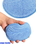 Hand holding blue Microfiber Wax Applicator Pads for Car Detailing 5 Inch Foam Buffing Pads with Built In Sponge, 6 Pack.