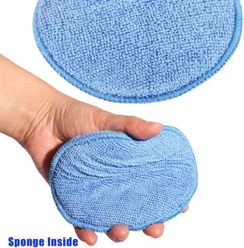 Hand holding blue Microfiber Wax Applicator Pads for Car Detailing 5 Inch Foam Buffing Pads with Built In Sponge, 6 Pack.