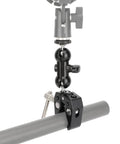 Dual 360 Degree Mini Ball Head Microphone Clamp Set with 5/8-27 Mic Screw Mounts securing to a pole, showing aluminum alloy build
