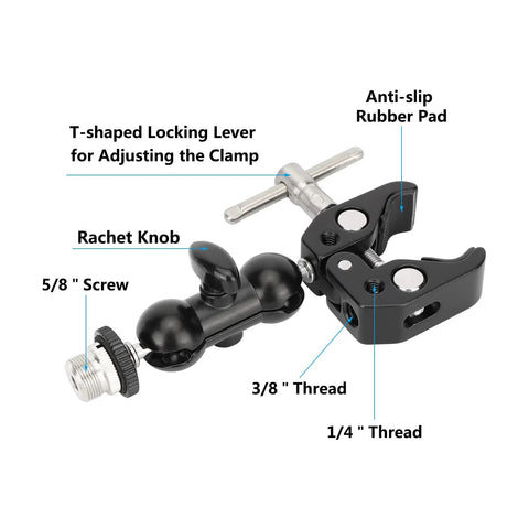 Dual 360 Degree Mini Ball Head Microphone Clamp Set with 5/8-27 Mic Screw Mounts, anti-slip pad, and T-shaped locking lever.