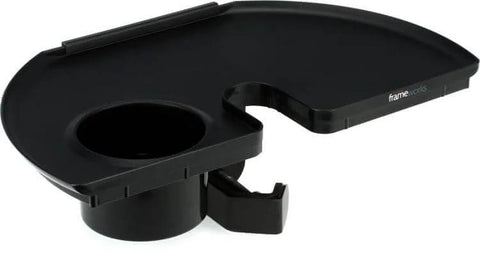 Microphone Stand Accessory Tray With Drink Holder And Guitar Pick Tab For Easy Access During Performances, 12 By 7 Inches, Fits Stands Up To 1.38 Inches Diameter, black tray close-up