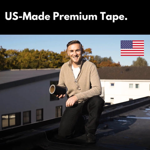 Man holding Ultra Strong MicroSealant Roof Tape For Instant Leak Repair On Roofs And RVs, waterproof and UV resistant, on rooftop