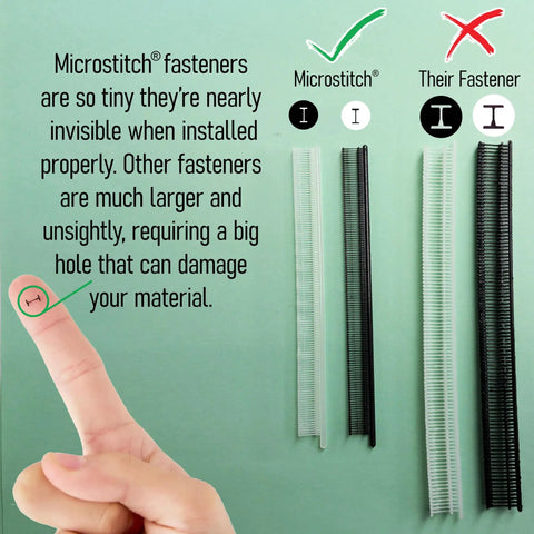 Comparison between Microstitch fasteners and larger fasteners, highlighting size and material safety for fabric repairs.