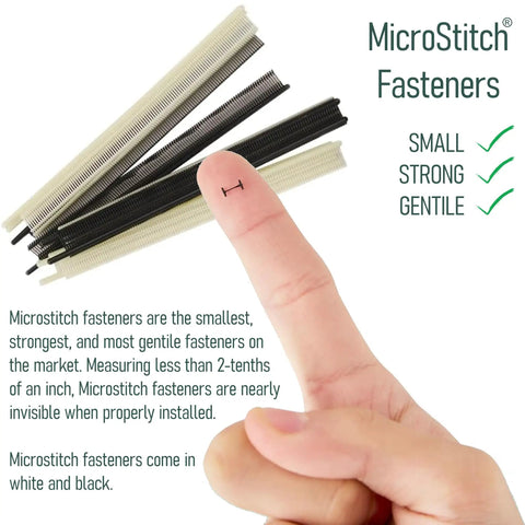 Finger holding MicroStitch fastener from Ultra Fine Needle Tagger Kit with black, white fasteners for fabric repairs.