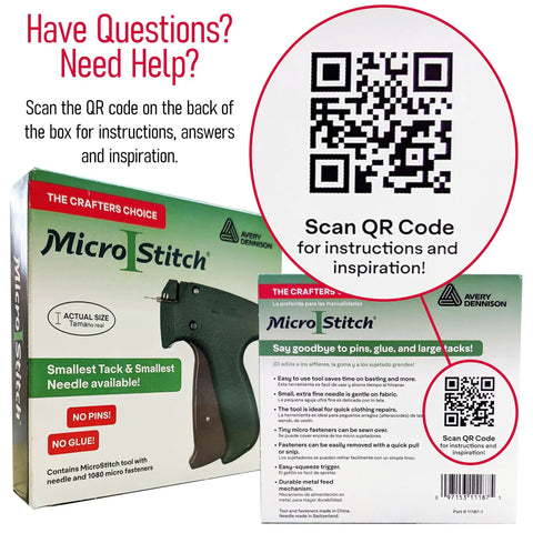 Packaging of Ultra Fine Needle Tagger Kit With Black White And Color Fasteners For Fabric Safe Clothing Repairs Quilting Crafts And DIY Projects MicroStitch All In One Tagging Gun with QR code for help.