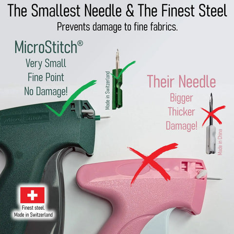 Ultra Fine Needle Tagger Kit With Black White And Color Fasteners For Fabric Safe Clothing Repairs Quilting Crafts And DIY Projects MicroStitch All In One Tagging Gun showing needle comparison with competitor.