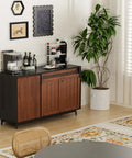 Stylish kitchen sideboard set in a modern room with a potted plant and wall art