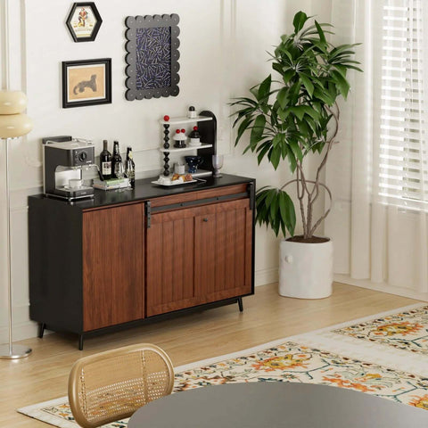 Stylish kitchen sideboard set in a modern room with a potted plant and wall art