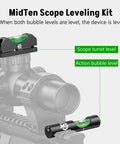 Dual Bubble Scope Leveling Kit From MidTen With Magnetic Level For Anti Cant Precision Scope Calibration On Standard Picatinny Rails Black Built To Help You Level Your Rifle Scope Fast And Stay Hundred Percent Accurate In The Field shown on rifle scope with dual bubbles