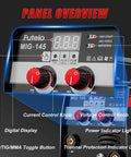 Control panel of 3 in 1 MIG TIG Stick Welder for Home DIY and Metal Repair, 145A Flux Core Inverter, showing knobs and indicators