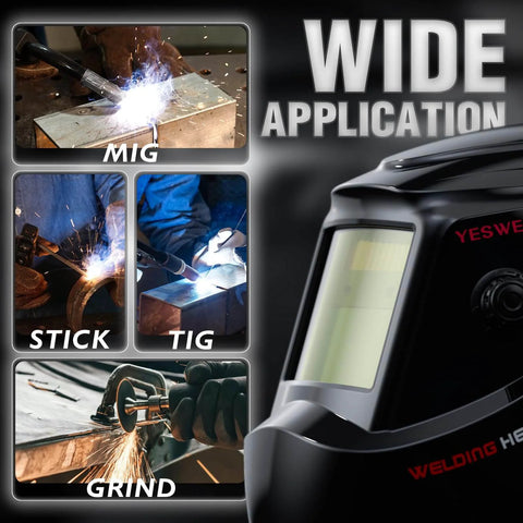Collage showing welding methods and helmet for All In One Flux Core MIG Welder Bundle With Auto Darkening Blue Light Blocking Helmet 135 Amp 110V Digital Display MIG Lift TIG Stick Capabilities Budget Friendly DIY Weld Shop Kit By YESWELDER
