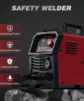 165A 4 In 1 MIG TIG MMA Welder Dual Voltage 110V 220V With Large LED Display showing safety features on rock surface
