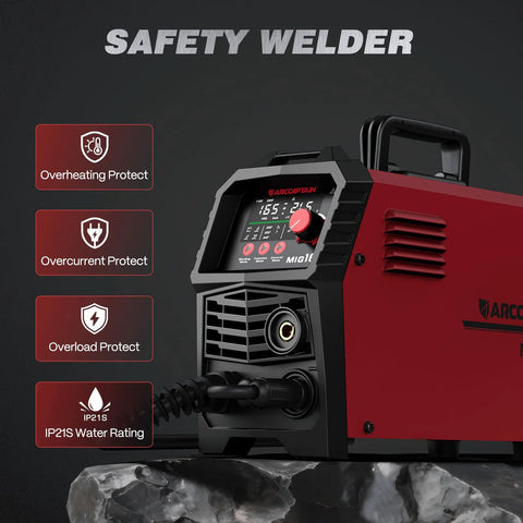 165A 4 In 1 MIG TIG MMA Welder Dual Voltage 110V 220V With Large LED Display showing safety features on rock surface
